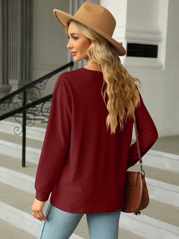 T-shirts- Textured V Neck Long Sleeve Tee with Buttons AppliquƩ- - Pekosa Women Clothing