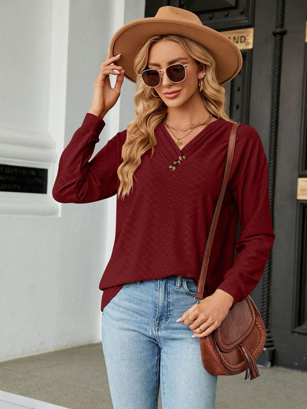 T-shirts- Textured V Neck Long Sleeve Tee with Buttons AppliquƩ- - Pekosa Women Clothing