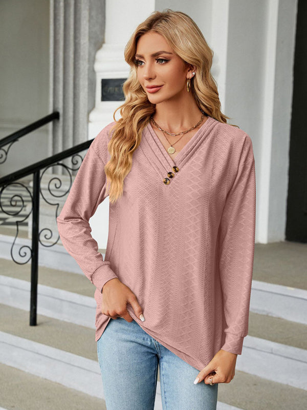 T-shirts- Textured V Neck Long Sleeve Tee with Buttons AppliquƩ- - Pekosa Women Clothing