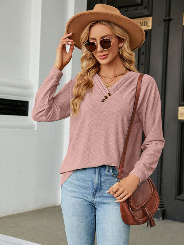 T-shirts- Textured V Neck Long Sleeve Tee with Buttons AppliquƩ- - Pekosa Women Clothing