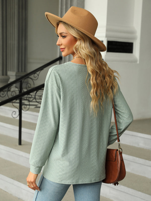 T-shirts- Textured V Neck Long Sleeve Tee with Buttons AppliquƩ- - Pekosa Women Clothing