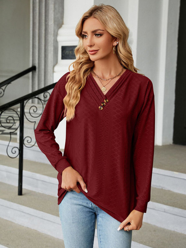 T-shirts- Textured V Neck Long Sleeve Tee with Buttons AppliquƩ- - Pekosa Women Clothing