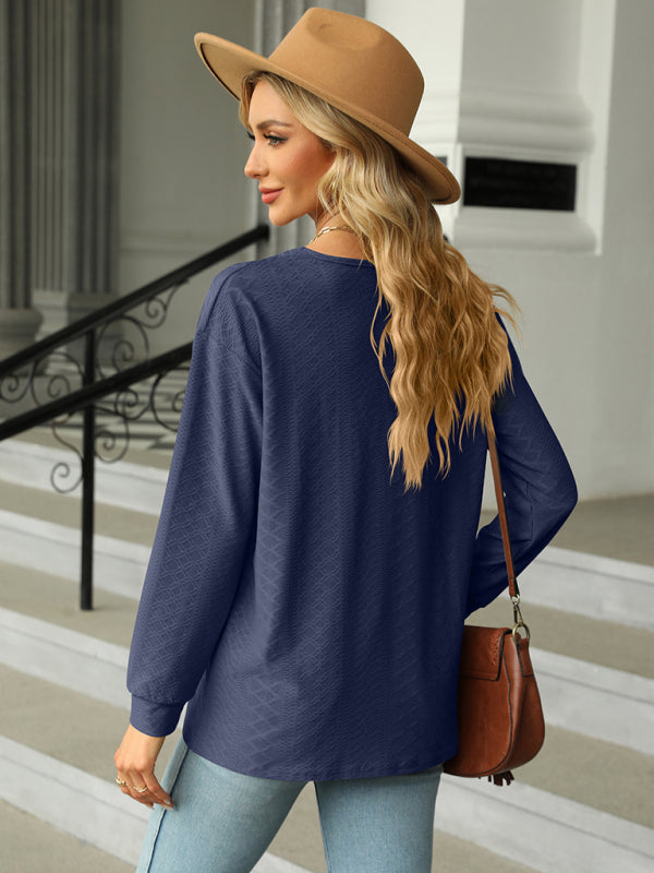 T-shirts- Textured V Neck Long Sleeve Tee with Buttons AppliquƩ- - Pekosa Women Clothing