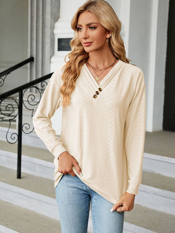 T-shirts- Textured V Neck Long Sleeve Tee with Buttons AppliquƩ- - Pekosa Women Clothing