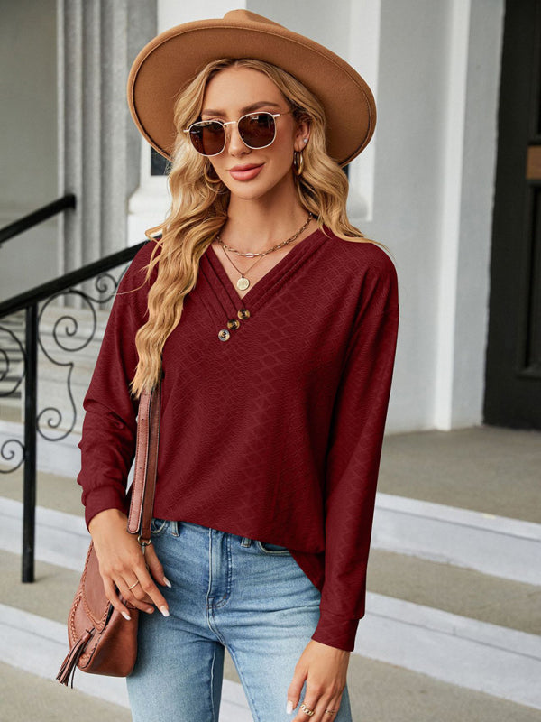 T-shirts- Textured V Neck Long Sleeve Tee with Buttons AppliquƩ- Wine Red- Pekosa Women Clothing