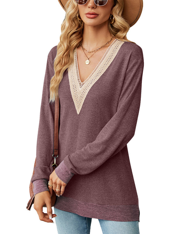 T-shirts - Tunics- Lace Trim V-Neck Tee - Shadow Design Top- Plum- Pekosa Women Clothing