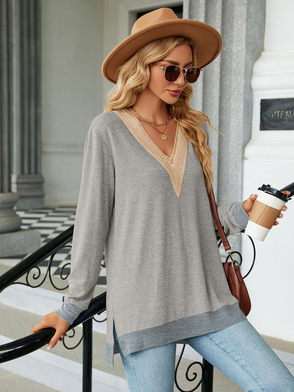 T-shirts - Tunics- Lace Trim V-Neck Tee - Shadow Design Top- - Pekosa Women Clothing