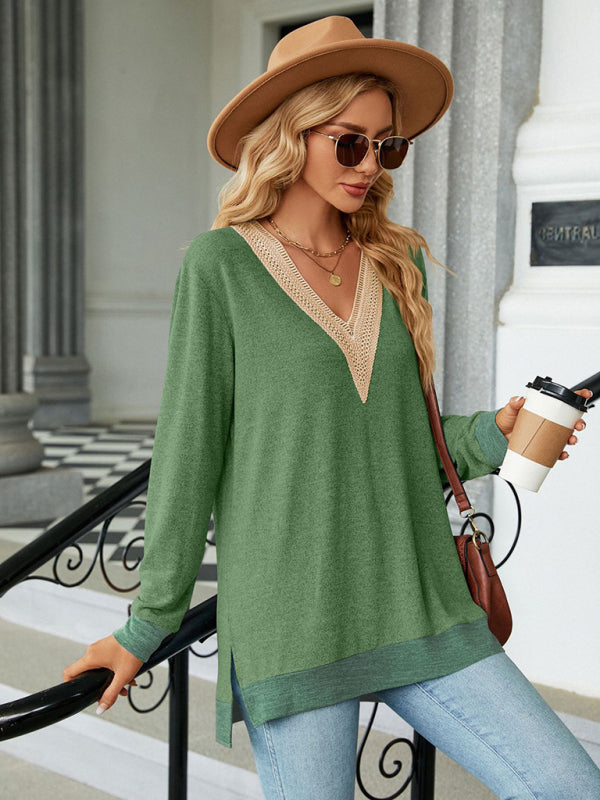 T-shirts - Tunics- Lace Trim V-Neck Tee - Shadow Design Top- - Pekosa Women Clothing