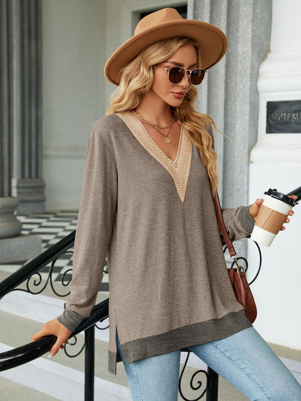 T-shirts - Tunics- Lace Trim V-Neck Tee - Shadow Design Top- - Pekosa Women Clothing