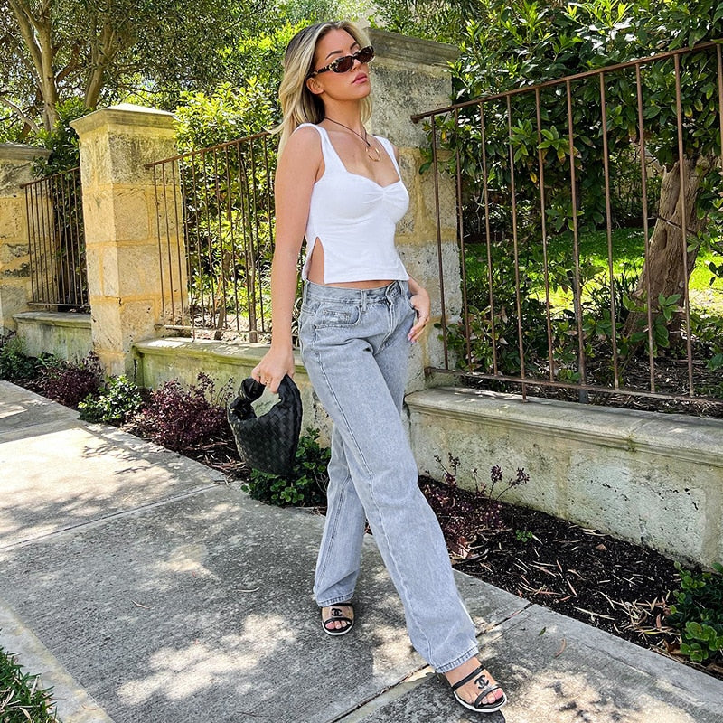 Tank Tops- High Slit Gathered Front Tank Top- - Pekosa Women Clothing