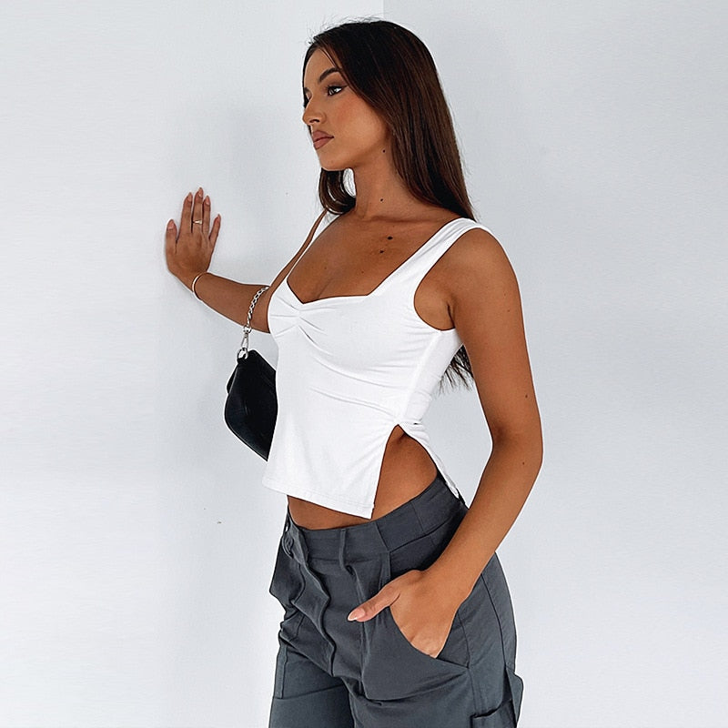 Tank Tops- High Slit Gathered Front Tank Top- - Pekosa Women Clothing