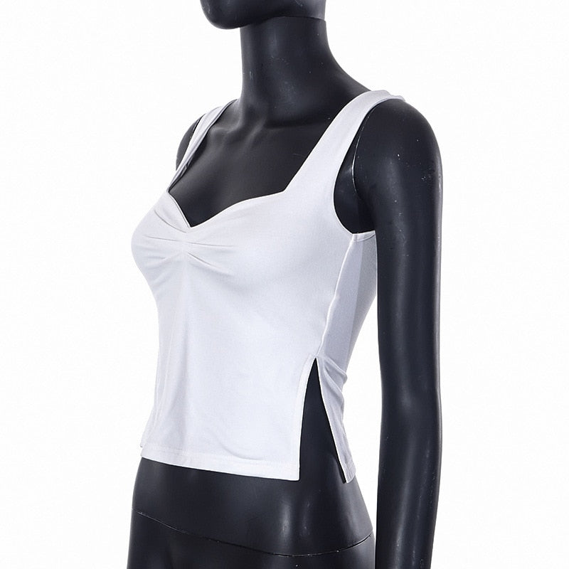 Tank Tops- High Slit Gathered Front Tank Top- - Pekosa Women Clothing