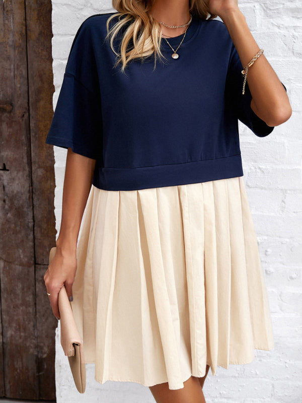Tee Dresses- Short Sleeve Colorblock A-Line Tee Dress- - Pekosa Women Clothing