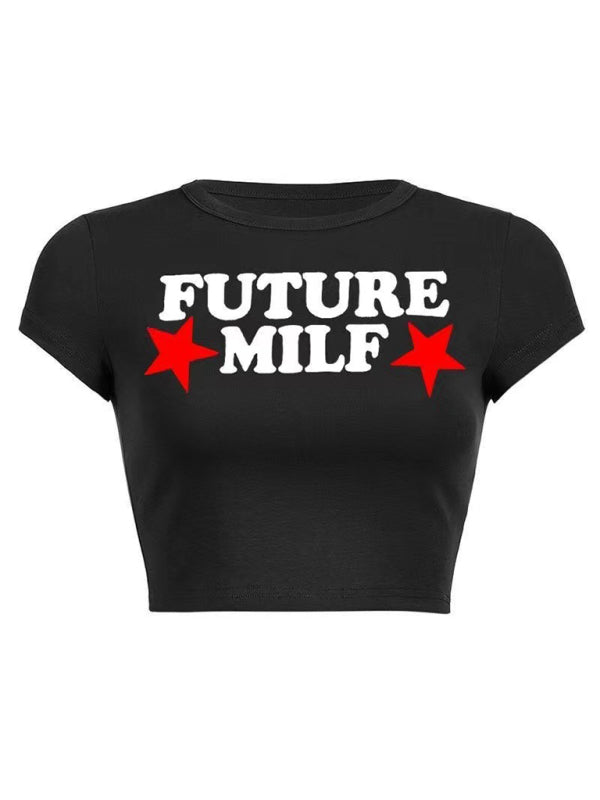 Tees- Cherry Letter Print Crop Tee for Women- Pattern2- Pekosa Women Fashion