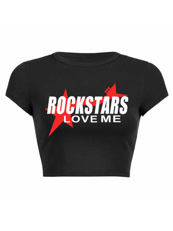 Tees- Cherry Letter Print Crop Tee for Women- Pattern6- Pekosa Women Fashion