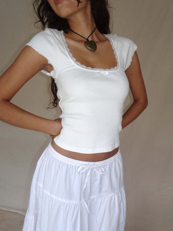Tees- Lace-Trimmed Square Neck Tee | Rib-Knit Short Sleeve Top- White- Pekosa Women Clothing