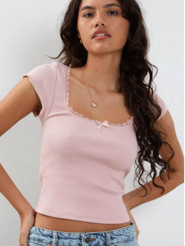 Tees- Lace-Trimmed Square Neck Tee | Rib-Knit Short Sleeve Top- Pink- Pekosa Women Clothing