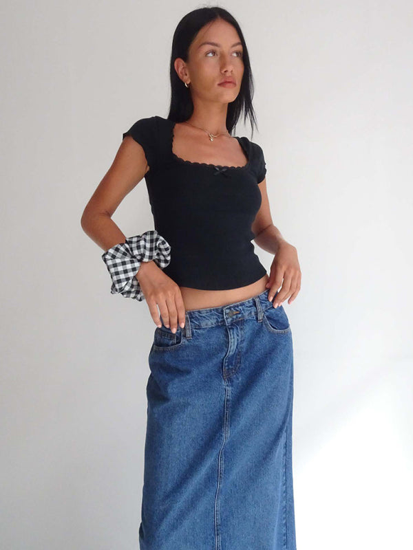 Tees- Lace-Trimmed Square Neck Tee | Rib-Knit Short Sleeve Top- - Pekosa Women Clothing