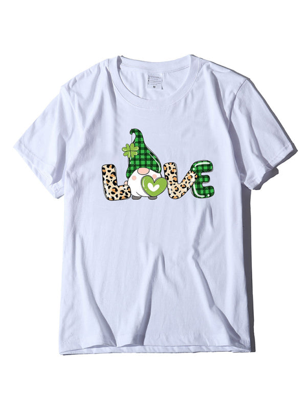 Tees- Lucky: St. Patrick's Day Crew Neck Tee in Cotton with Leprechaun Print- White- Pekosa Women Clothing