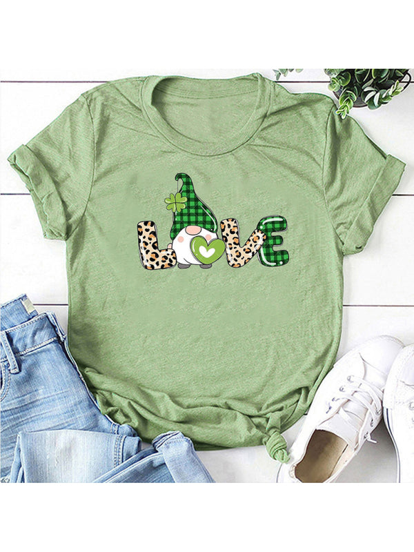 Tees- Lucky: St. Patrick's Day Crew Neck Tee in Cotton with Leprechaun Print- Pale green- Pekosa Women Clothing
