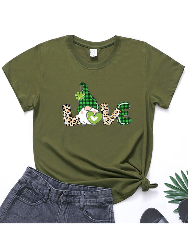 Tees- Lucky: St. Patrick's Day Crew Neck Tee in Cotton with Leprechaun Print- Olive green- Pekosa Women Clothing