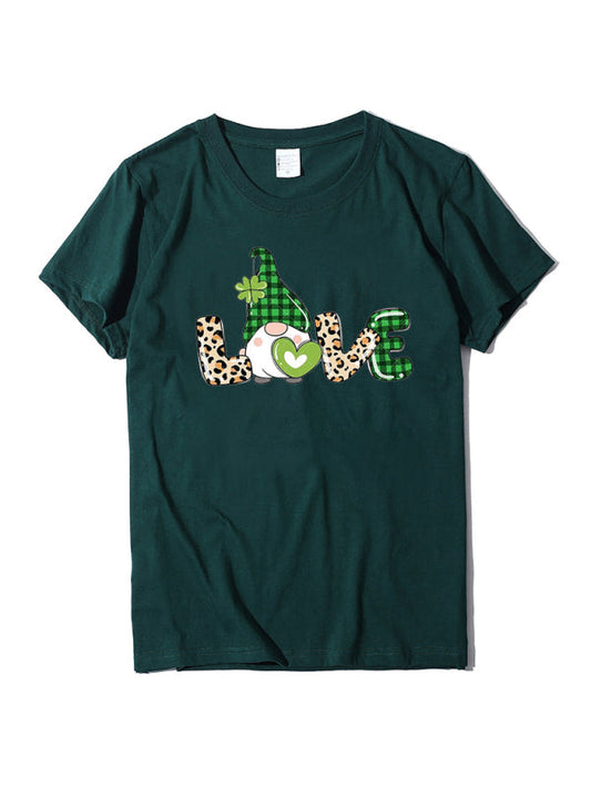 Tees- Lucky: St. Patrick's Day Crew Neck Tee in Cotton with Leprechaun Print- Green black jasper- Pekosa Women Clothing