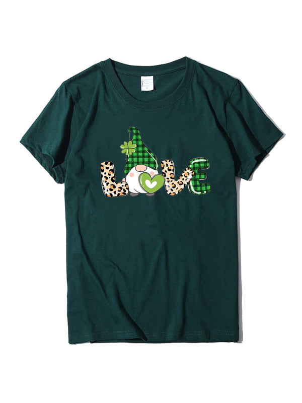 Tees- Lucky: St. Patrick's Day Crew Neck Tee in Cotton with Leprechaun Print- Green black jasper- Pekosa Women Clothing