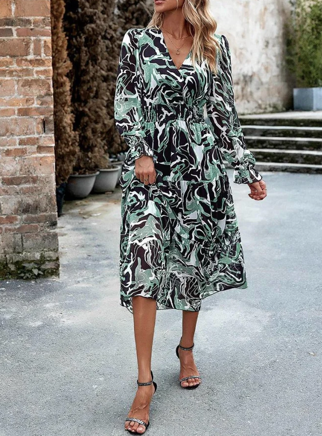 Tiered Dresses- Autumn Floral V Neck Dress: Tiered Design, Ruffle Cuffs, Elastic Waist- - Pekosa Women Clothing