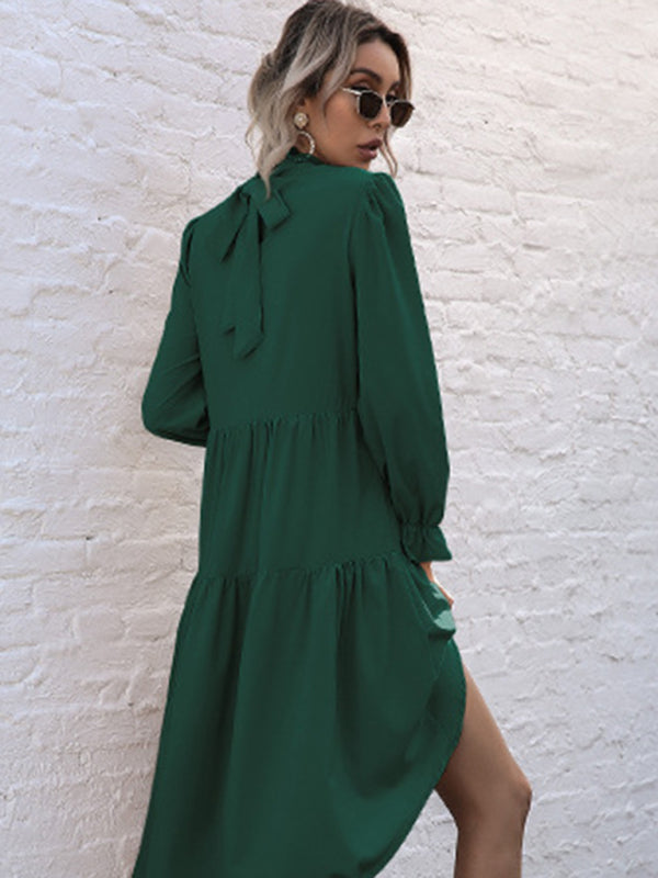 Tiered Dresses- Autumn Solid Tiered High-Neck Mini Dress with Tail- - Pekosa Women Clothing