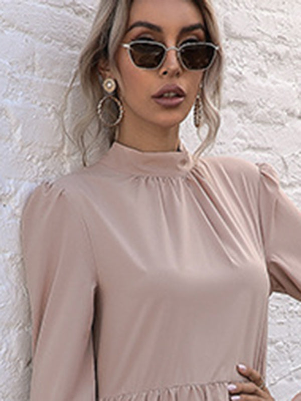 Tiered Dresses- Autumn Solid Tiered High-Neck Mini Dress with Tail- - Pekosa Women Clothing