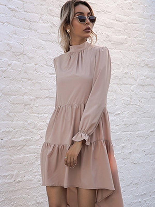 Tiered Dresses- Autumn Solid Tiered High-Neck Mini Dress with Tail- - Pekosa Women Clothing