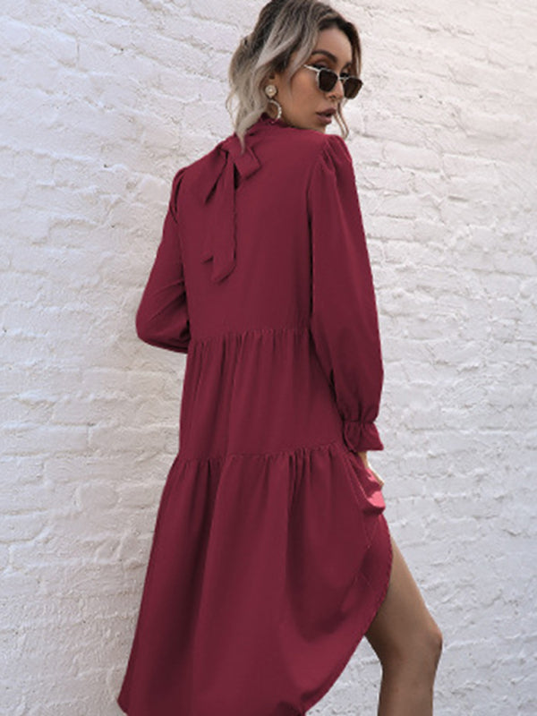 Tiered Dresses- Autumn Solid Tiered High-Neck Mini Dress with Tail- - Pekosa Women Clothing