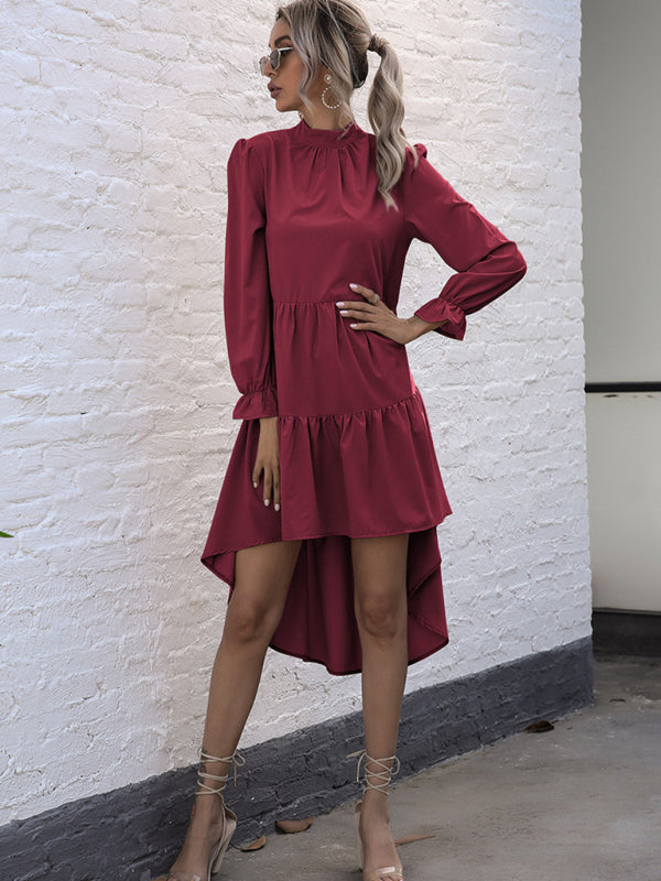 Tiered Dresses- Autumn Solid Tiered High-Neck Mini Dress with Tail- - Pekosa Women Clothing