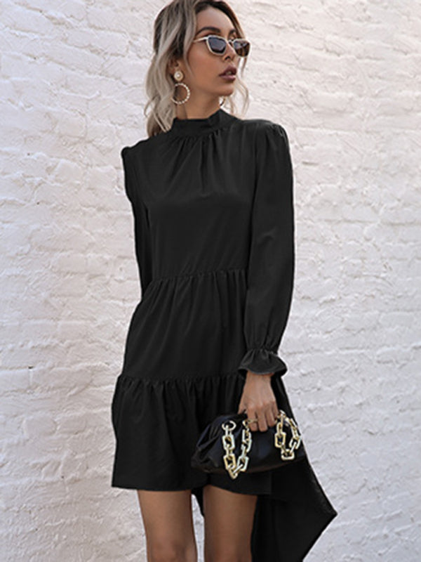 Tiered Dresses- Autumn Solid Tiered High-Neck Mini Dress with Tail- - Pekosa Women Clothing