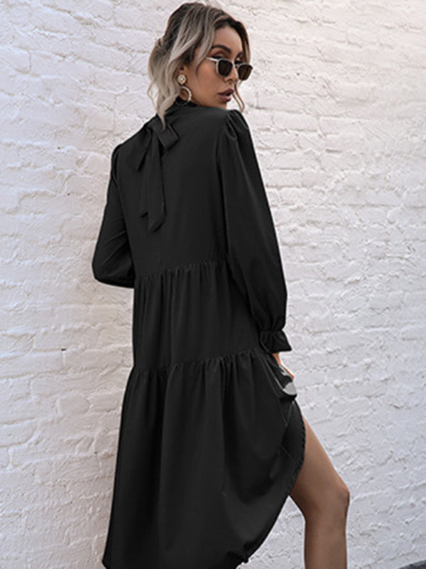 Tiered Dresses- Autumn Solid Tiered High-Neck Mini Dress with Tail- - Pekosa Women Clothing