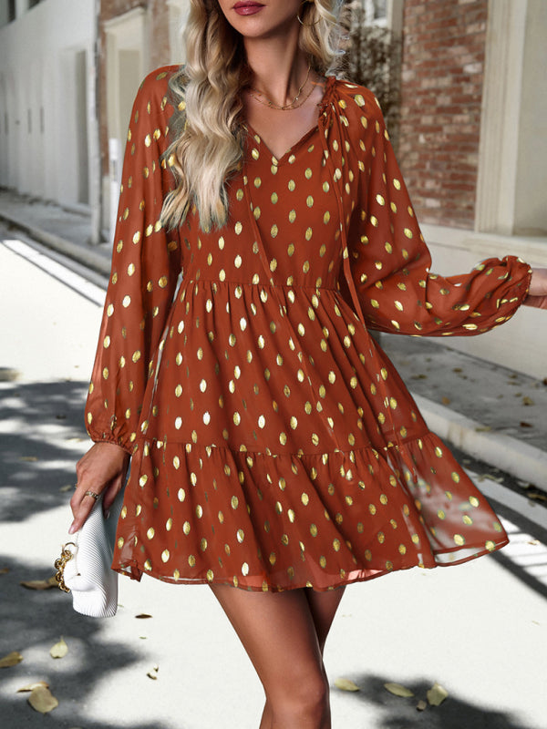 Tiered Dresses- Gold Dot Chiffon V Neck Long Sleeve Tiered Dress- caramel- Pekosa Women Clothing