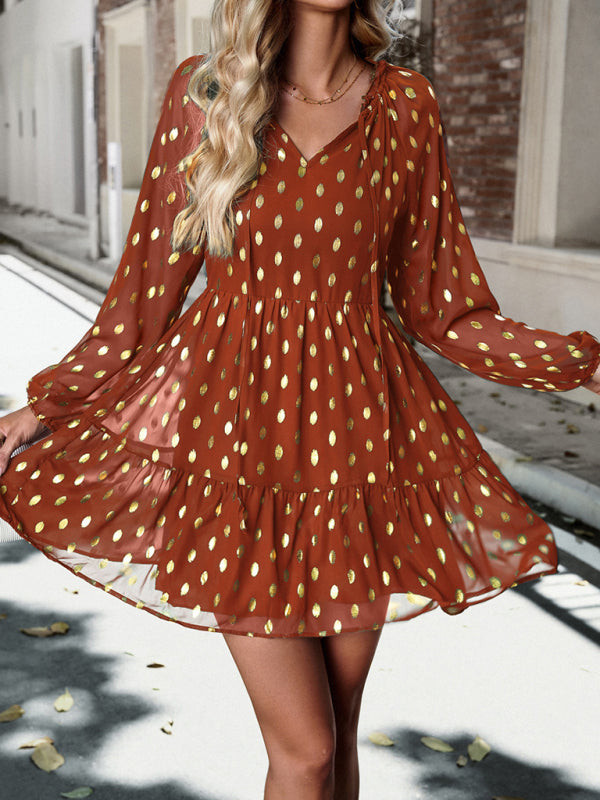 Tiered Dresses- Gold Dot Chiffon V Neck Long Sleeve Tiered Dress- - Pekosa Women Clothing
