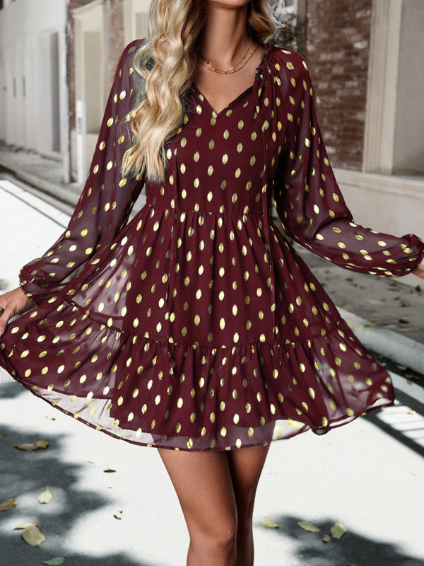 Tiered Dresses- Gold Dot Chiffon V Neck Long Sleeve Tiered Dress- Wine Red- Pekosa Women Clothing