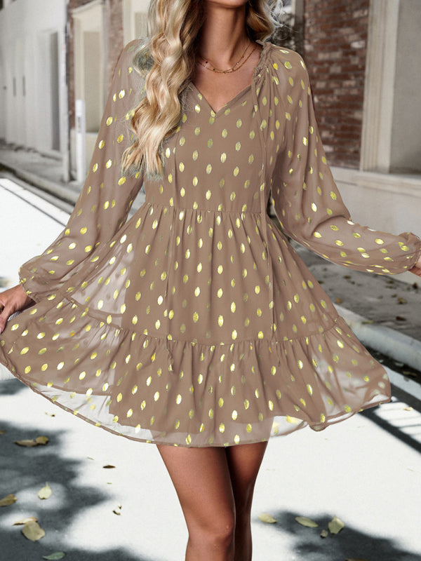 Tiered Dresses- Gold Dot Chiffon V Neck Long Sleeve Tiered Dress- - Pekosa Women Clothing
