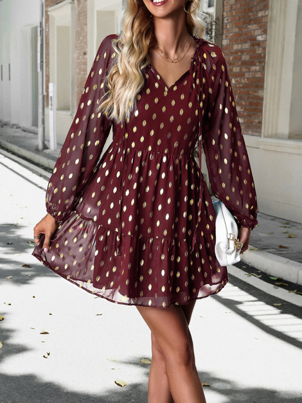 Tiered Dresses- Gold Dot Chiffon V Neck Long Sleeve Tiered Dress- - Pekosa Women Clothing