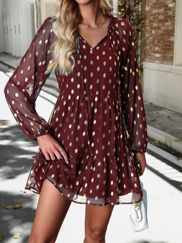 Tiered Dresses- Gold Dot Chiffon V Neck Long Sleeve Tiered Dress- - Pekosa Women Clothing