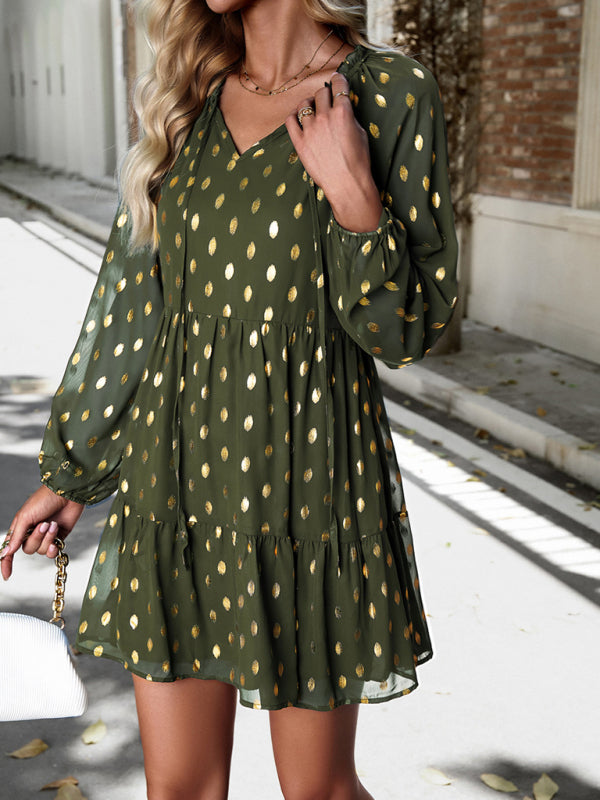 Tiered Dresses- Gold Dot Chiffon V Neck Long Sleeve Tiered Dress- - Pekosa Women Clothing