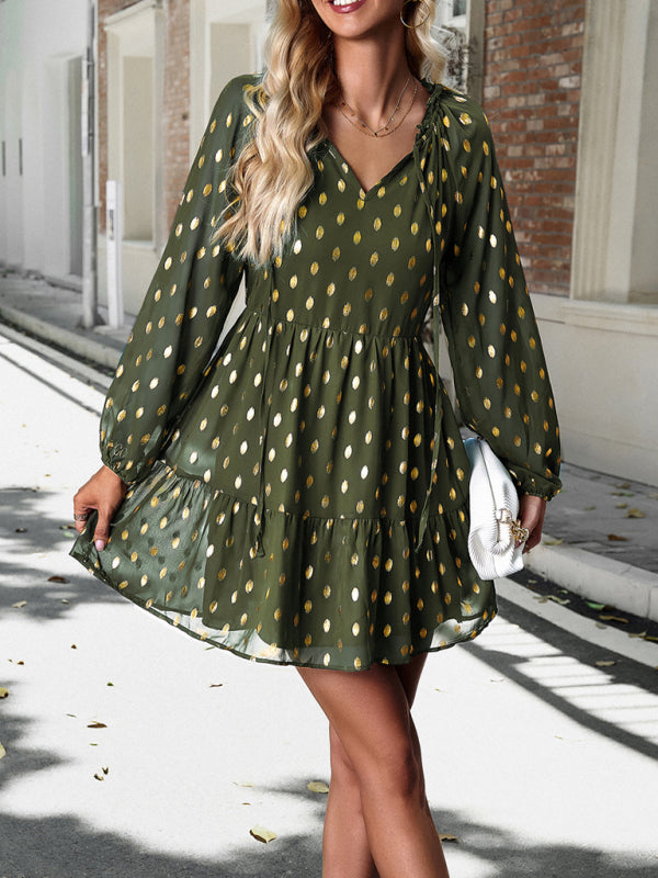 Tiered Dresses- Gold Dot Chiffon V Neck Long Sleeve Tiered Dress- - Pekosa Women Clothing