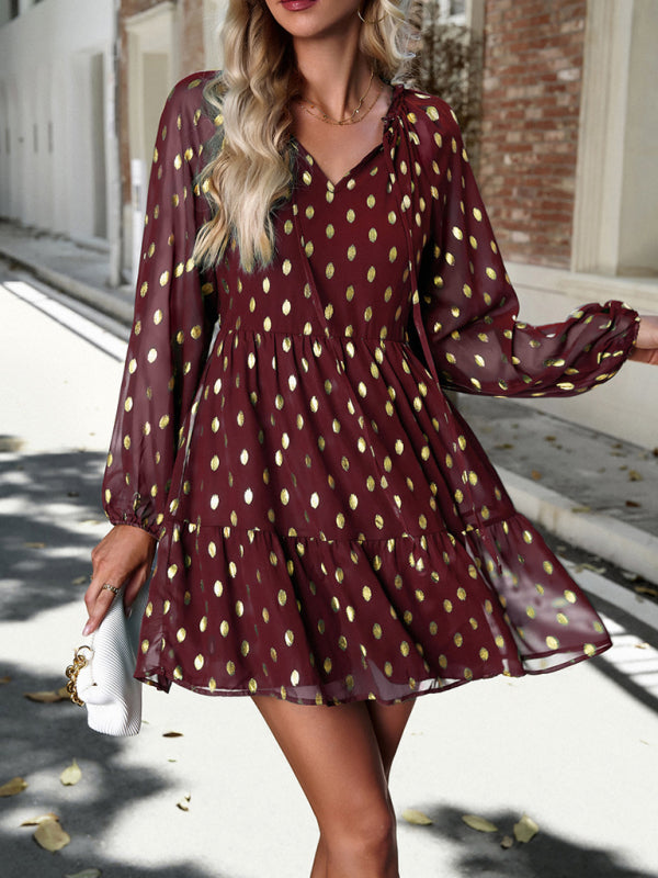Tiered Dresses- Gold Dot Chiffon V Neck Long Sleeve Tiered Dress- - Pekosa Women Clothing