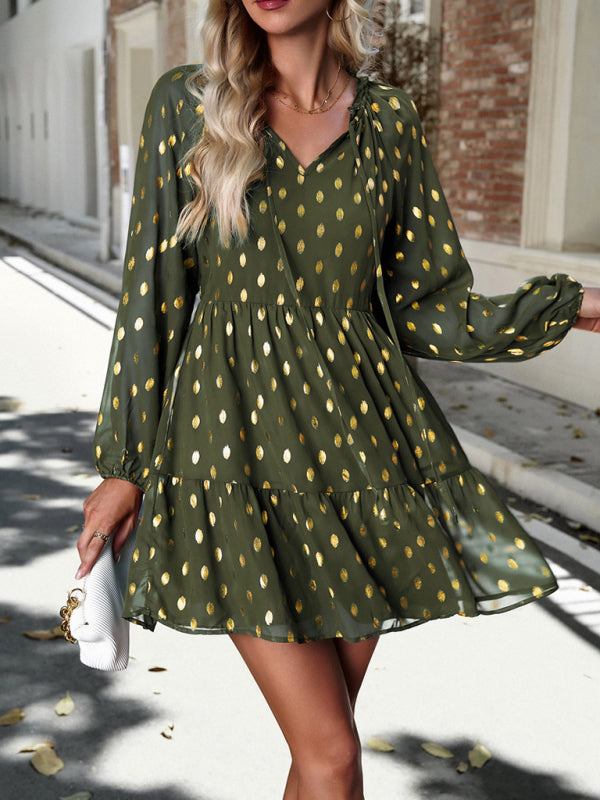 Tiered Dresses- Gold Dot Chiffon V Neck Long Sleeve Tiered Dress- - Pekosa Women Clothing