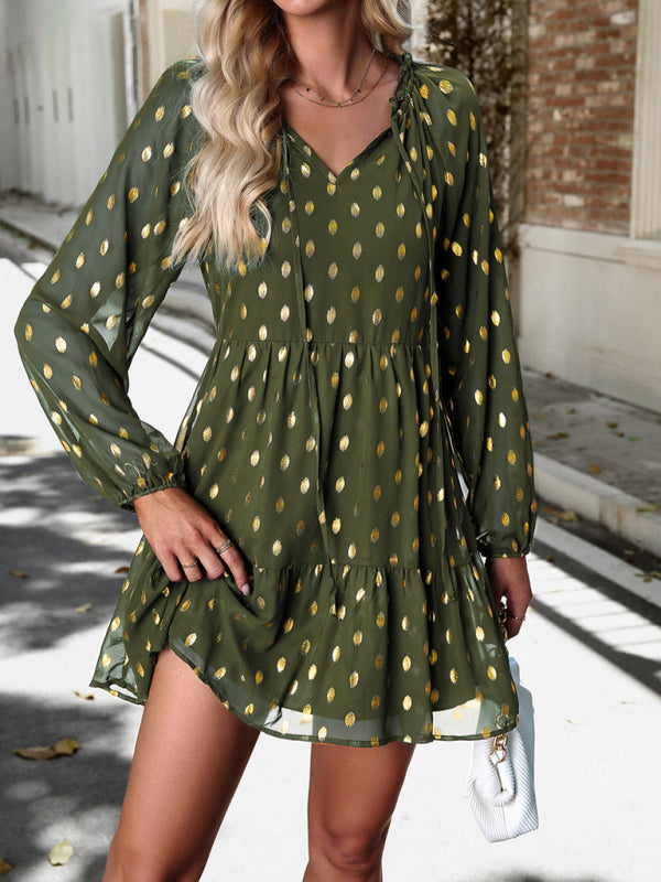 Tiered Dresses- Gold Dot Chiffon V Neck Long Sleeve Tiered Dress- Olive green- Pekosa Women Clothing