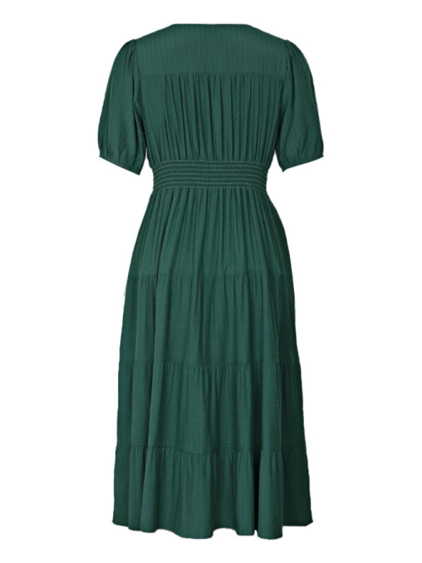 Tiered Dresses- Smocked Waist Button-Up Midi Dress with Tiers- - Pekosa Women Clothing