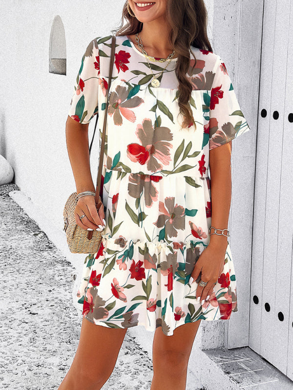 Tiered dresses- Short Sleeve Floral Tunic Mini Dress with Tiered Design & Knot Back- - Pekosa Women Clothing
