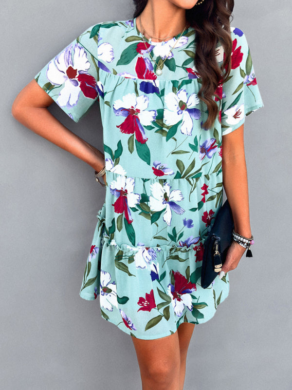 Tiered dresses- Short Sleeve Floral Tunic Mini Dress with Tiered Design & Knot Back- - Pekosa Women Clothing