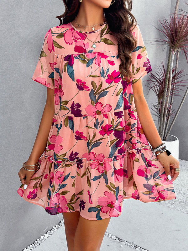 Tiered dresses- Short Sleeve Floral Tunic Mini Dress with Tiered Design & Knot Back- - Pekosa Women Clothing